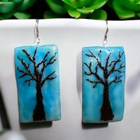 Blue Tree Encaustic Earrings